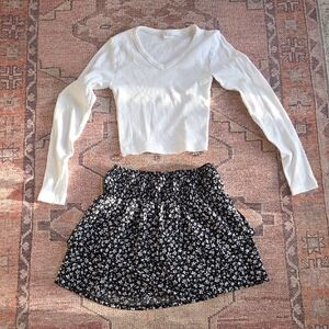 Zara girl's Black and White Floral Mini Skirt and white long sleeve shirt